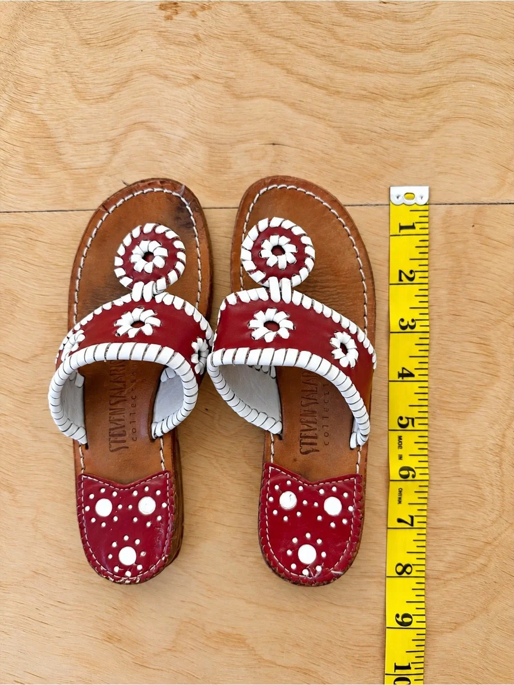Steven Salario Red White Leather Floral Thong Sandals Vintage Preppy Resort